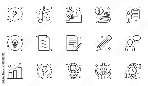 Large collection of linear business icons including self development goals time management creative thinking and strategy planning symbols.