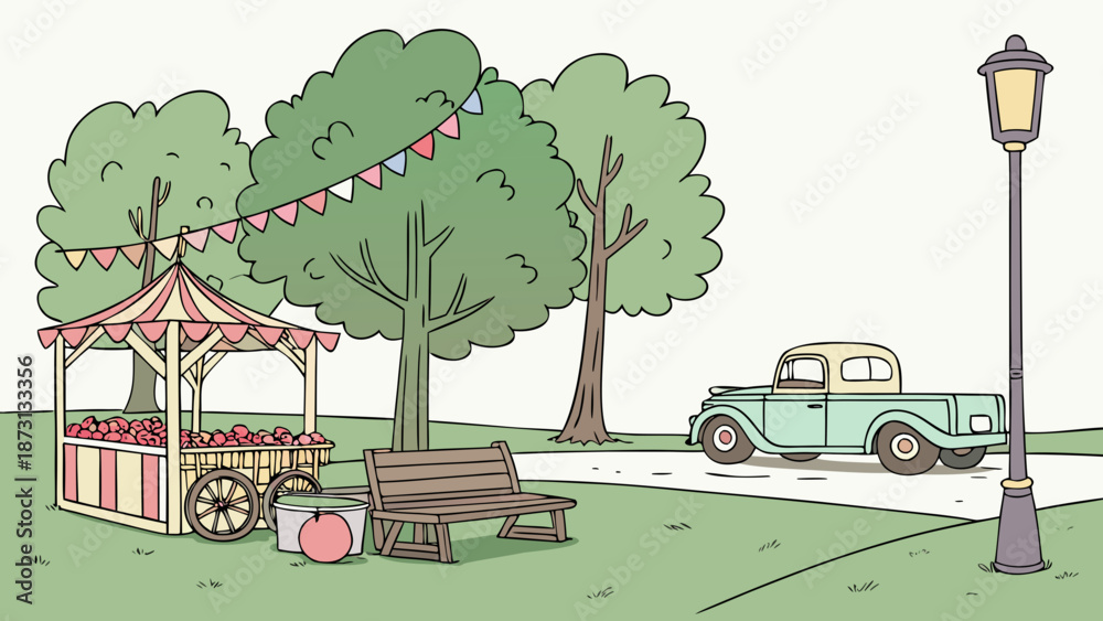 Obraz premium Park Scene with Vintage Car Gazebo and Festive Bunting.