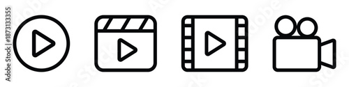Video icons. Simple video camera or multimedia player symbol for app, UI and website. Transparent PNG and vector