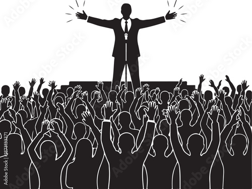 Inspiring Change Silhouette of a speaker on a podium with a raised fist, addressing an enthusiastic crowd during a rally or protest, set against a city skyline background