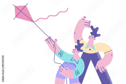 Smiling dad and child play with paper kite