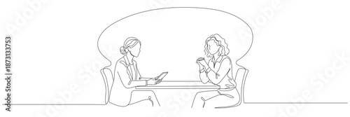 Job interview. Vector simple composition of one continuous line depicting a recruiter and a candidate. Continuous line drawing depicting two women talking at a table. Vector illustration. Editable
