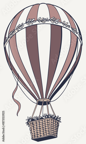Vintage Hot Air Balloon Illustration with Floral Basket.