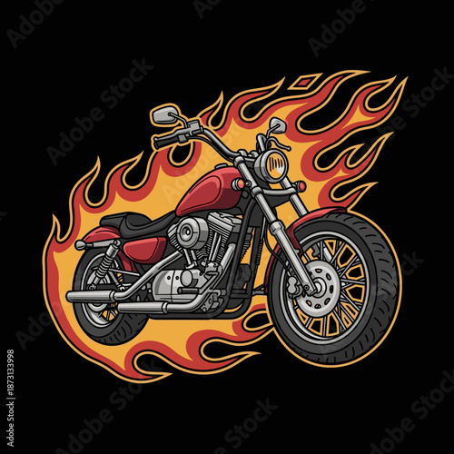 Red motorcycle engulfed in vibrant flames, a symbol of speed and power.