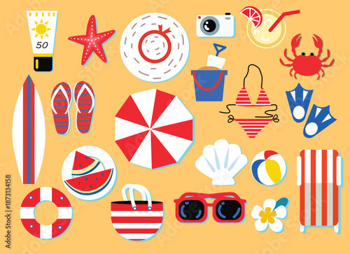 A flat vector illustration collection of summer beach essentials including a surfboard, sunscreen, flip-flops, sunglasses, a beach umbrella, and tropical snacks. Perfect for travel posters, summer sal