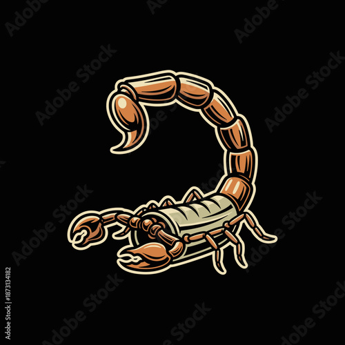 Detailed illustration of a scorpion with a curved tail and prominent claws, showcasing its intricate exoskeleton and menacing posture.