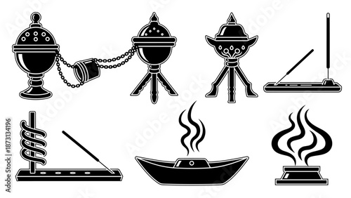Collection of Incense Burners and Sticks Silhouettes for Aromatherapy and Spiritual Practices.