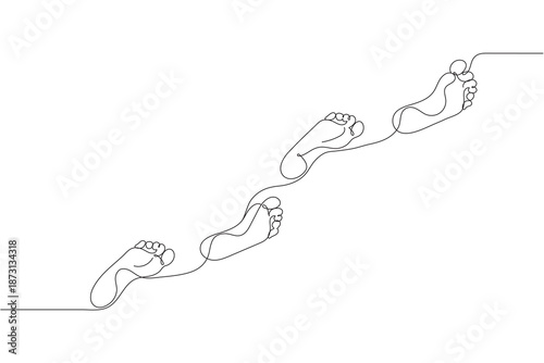 A drawing of walking human footprints, done with a single continuous line in a minimalist outline vector style. Editable line