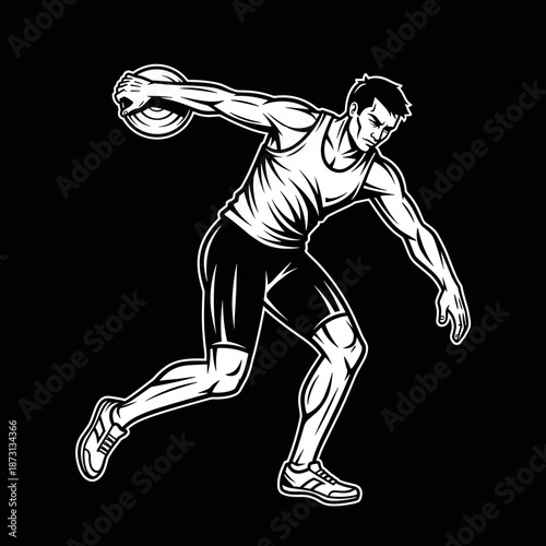Dynamic Discus Thrower Athlete in Action Monochrome Illustration.