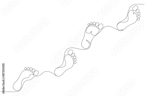 A drawing of walking human footprints, done with a single continuous line in a minimalist outline vector style. Editable line