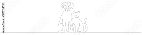 A continuous line drawing of a cat and dog sitting together. A decorative line art logo for a pet store or veterinary clinic. Editable vector illustration.
