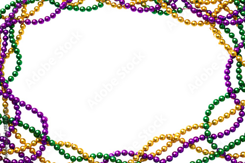Mardi Gras beads frame featuring colorful beads border isolated on transparent background with copy space for festive carnival celebration design.