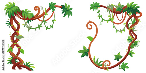 Flat vector rainforest branches and vines, decorative foliage, cartoon platformer game style, isolated asset set