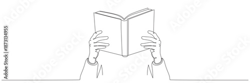 Continuous line drawing of hands holding a book. Editable line