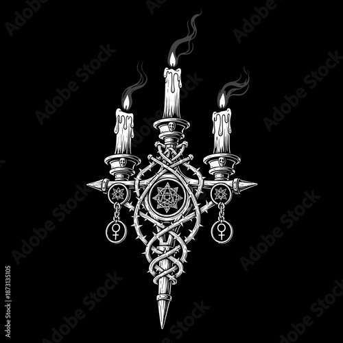 Ornate candelabra with three lit candles and occult symbols.
