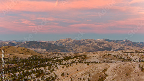 Aerial view of the Montana mountains near Helena at sunset in December