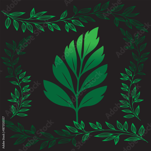 Green Botanical Emblem with Leaf Frame