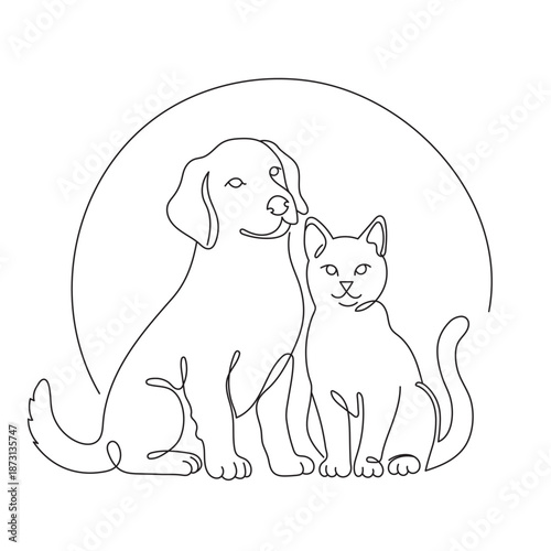 A continuous line drawing of a cat and dog sitting together. A decorative line art logo for a pet store or veterinary clinic. Editable vector illustration.