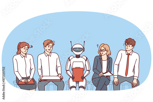 AI robot sits among frustrated job seekers losing jobs due to innovative technologies and robotization of production. Office workers look with distrust at robot with artificial intelligence