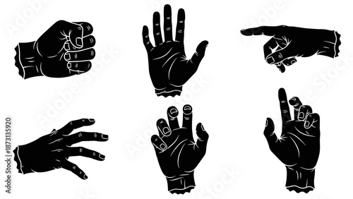 Collection of various hand gestures in black and white.