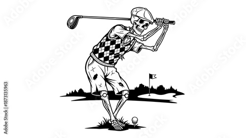 Skeleton Golfer Swings Club on Green in Humorous Black and White Illustration.