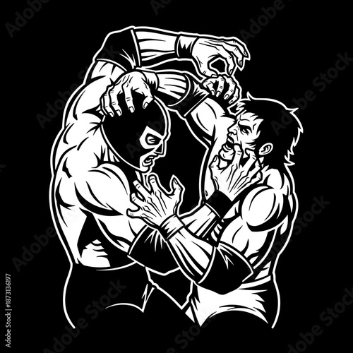 Two wrestlers grappling in an intense black and white illustration.