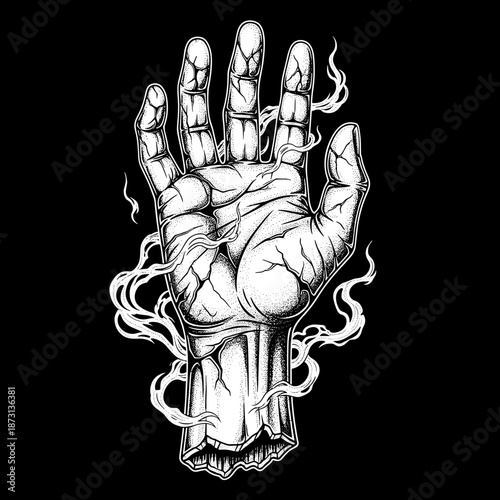 Detailed illustration of a hand emerging from smoke.
