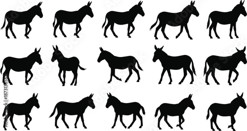 Donkey silhouette character set with multiple walking poses, black farm animal vector illustration