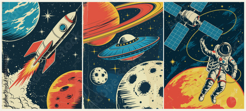 Retro style space triptych featuring rocket launch, flying UFO, and floating astronaut in a 1950s space exploration aesthetic with distressed texture.