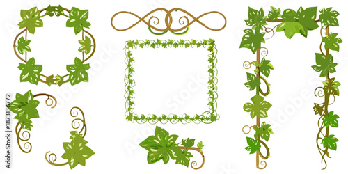 Whimsical plant frames with twisting branches, fresh green leaves, and dangling vines, fairy-tale illustration style, high-resolution vector graphics