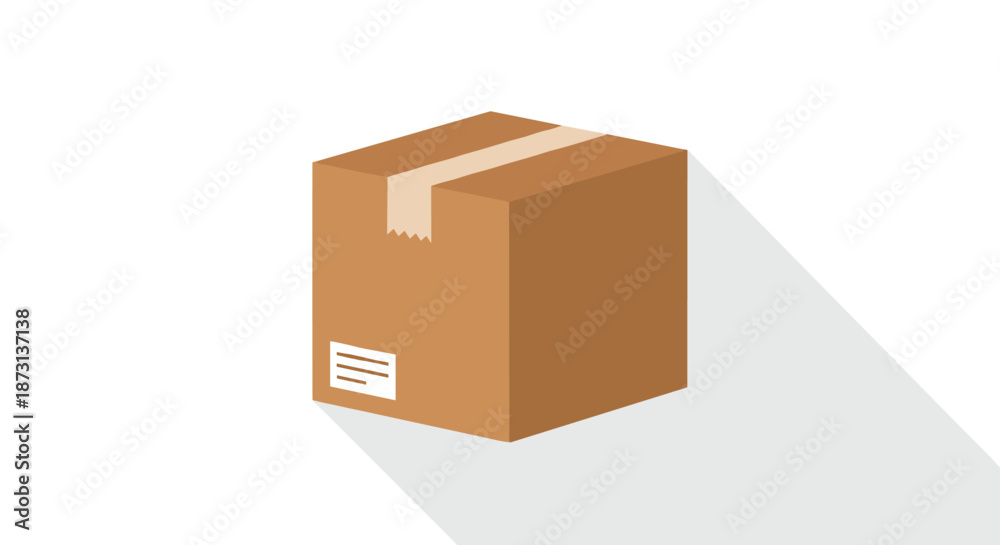 Fototapeta premium Single brown cardboard delivery box sealed with tape and featuring a shipping label on a white background.