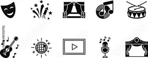 Set of black entertainment and performance icons including theater masks, musical instruments, stage equipment, fireworks, and disco ball.