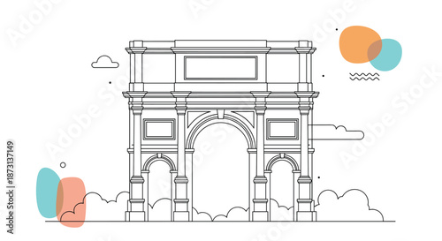 Artistic line drawing of a grand triumphal arch monument with clouds and colorful abstract shapes in the background.