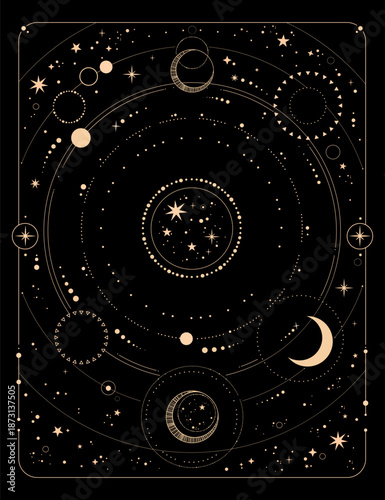 Rectangular cosmic ornament with moons. Golden elements on a black background