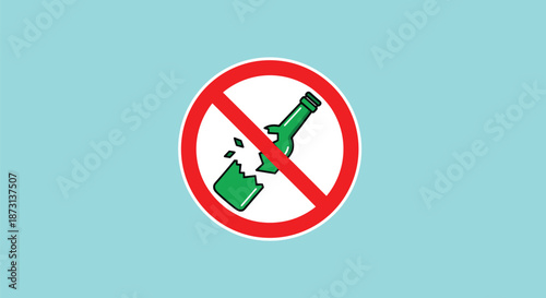 Prohibition sign with a broken green glass bottle inside a red circle with a diagonal slash indicates a no glass or alcohol zone.