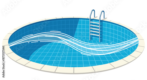 Circular swimming pool with blue tiles and a stainless steel ladder provides a refreshing summer recreation concept in vector art.