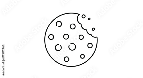 Bitten chocolate chip cookie minimalist line icon on a white background serves as a simple graphic for bakery or snack themes.