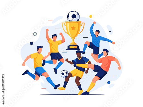 Dynamic flat vector illustration of soccer players celebrating a championship victory
