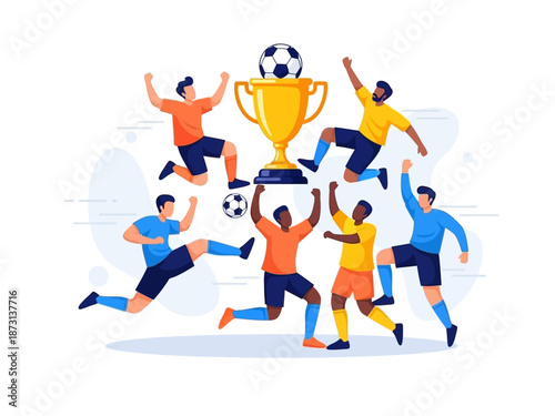Dynamic flat vector illustration of soccer players celebrating a championship victory