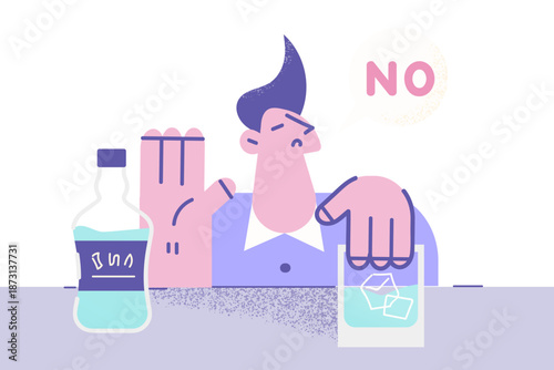 Young man refuse from alcohol drink at bar