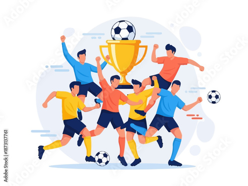 Dynamic flat vector illustration of soccer players celebrating a championship victory