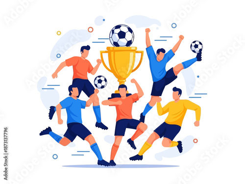 Dynamic flat vector illustration of soccer players celebrating a championship victory