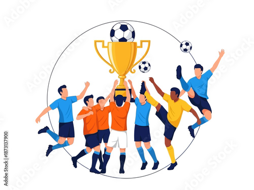 Dynamic flat vector illustration of soccer players celebrating a championship victory