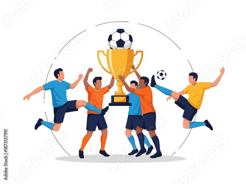 Dynamic flat vector illustration of soccer players celebrating a championship victory