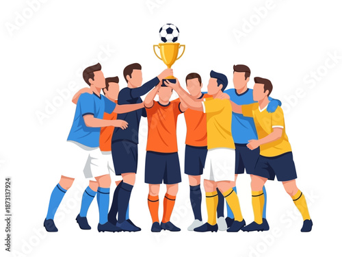 Dynamic flat vector illustration of soccer players celebrating a championship victory