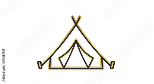 Camping tent minimalist gold line icon on a white background provides a clean graphic for outdoor adventure and travel equipment design.