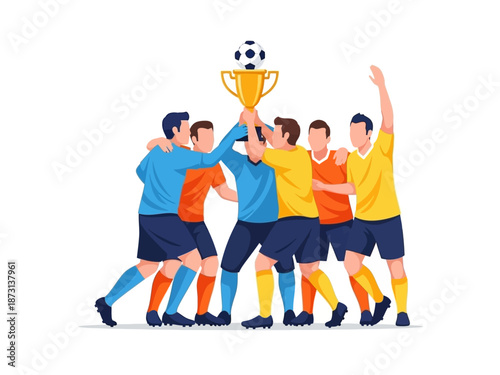 Dynamic flat vector illustration of soccer players celebrating a championship victory