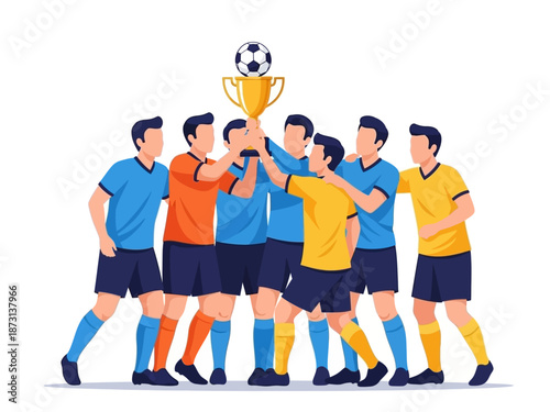 Dynamic flat vector illustration of soccer players celebrating a championship victory