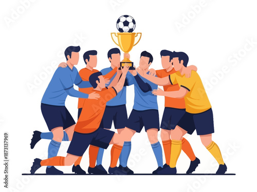 Dynamic flat vector illustration of soccer players celebrating a championship victory