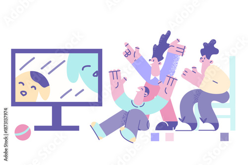 Happy children watch TV at home together